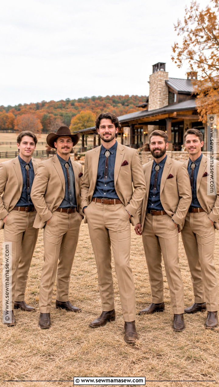 Tan Western Groomsmen Suits With Denim Shirts - 15 fall western groomsmen attire ideas