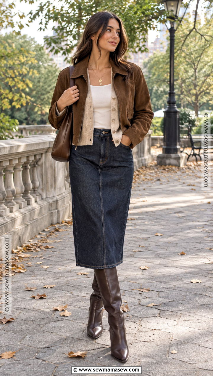 Tank Top Open Cardigan Suede Jacket Midi Skirt Fall Outfit - 20 Layered Looks For Fall Outfit Ideas