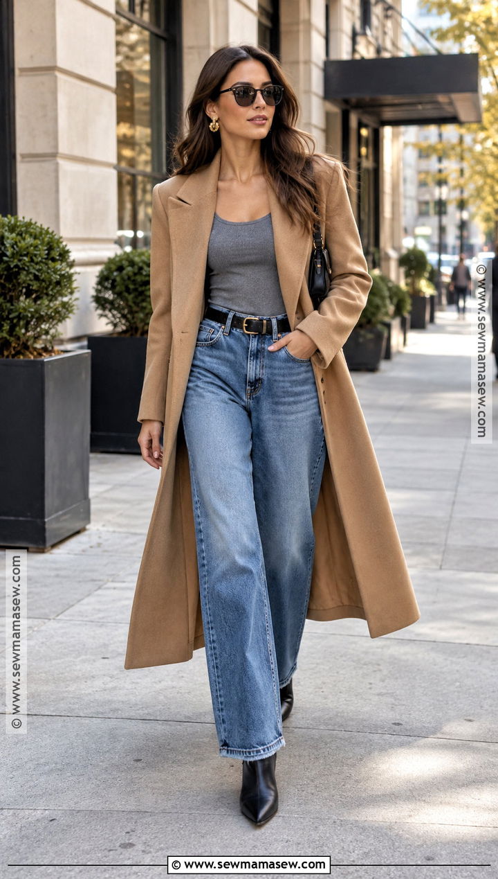 Tank Top With Long Coat And Relaxed Jeans - 15 fall fashion tank top ideas