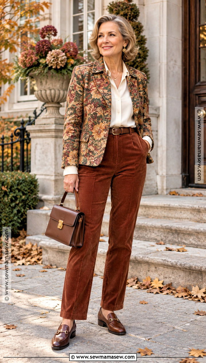 Tapestry Floral Print Jacket With Corduroy Pants - 15 floral print jacket fall ideas