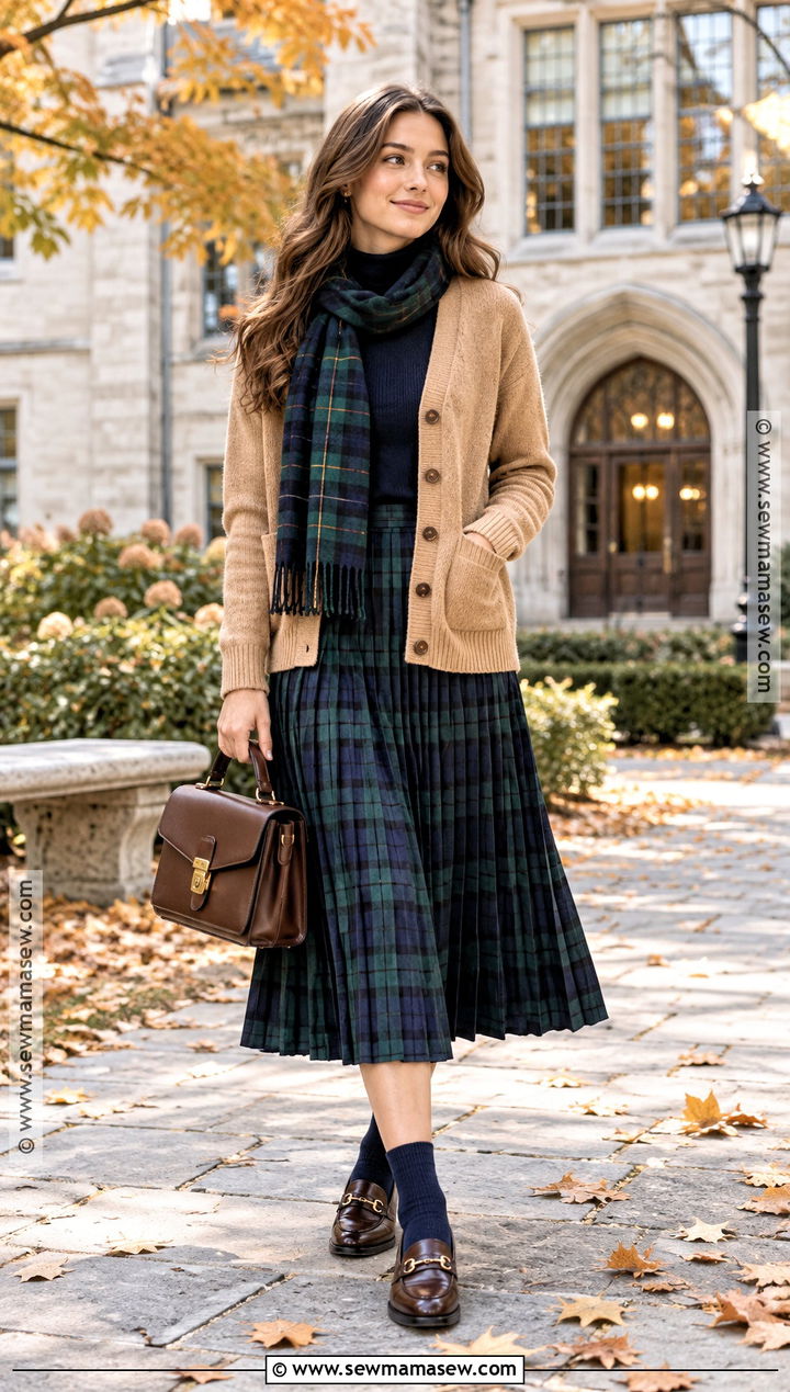 Tartan Scarf With Cardigan And Pleated Skirt - 25 autumn scarf ideas