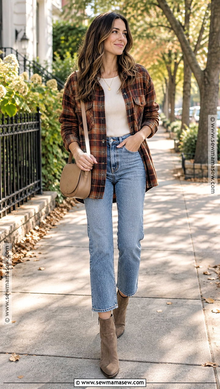 Taupe Ankle Boots With Shacket And Jeans - 25 fall boots aesthetic