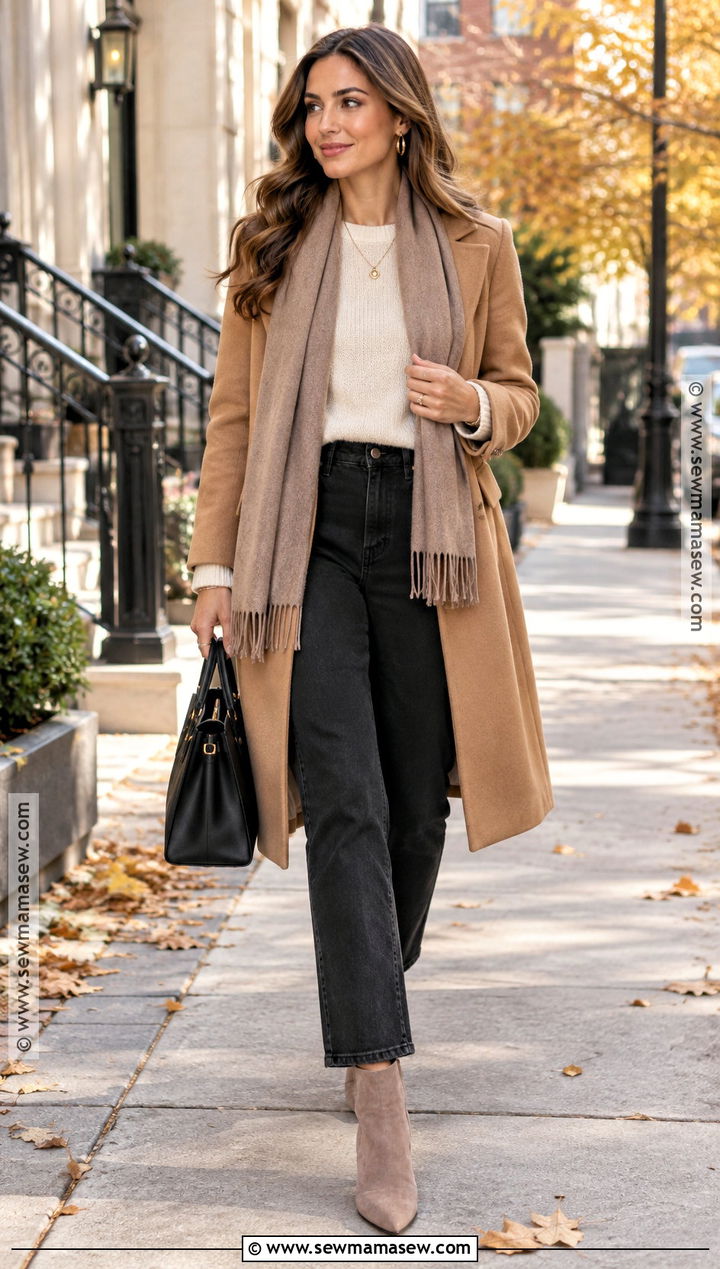 Taupe Boots With Black Jeans And Camel Coat - 15 Taupe Boots Outfit Fall