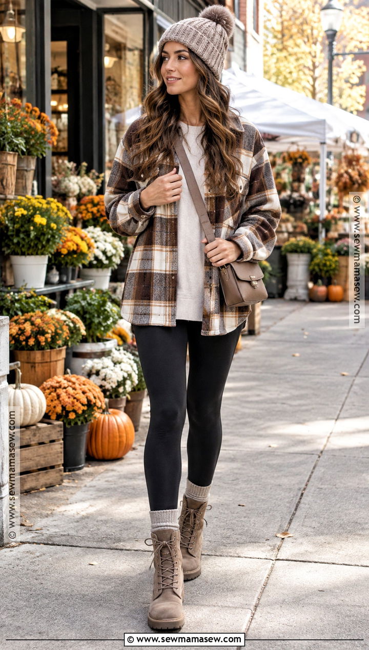 Taupe Combat Boots With Leggings And Shacket - 15 Taupe Boots Outfit Fall