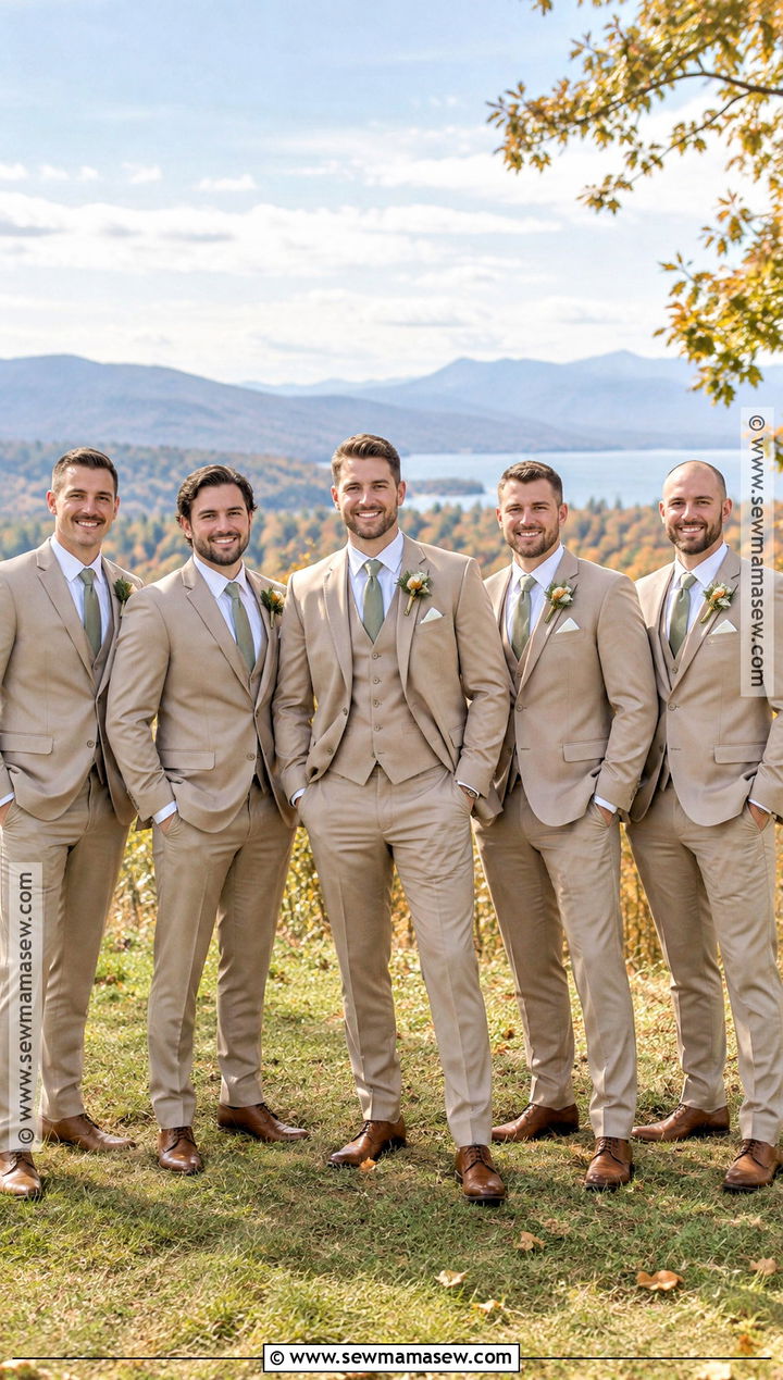 Taupe Groom And Groomsmen Suits With Sage Accents - 15 groom and groomsmen attire fall wedding ideas
