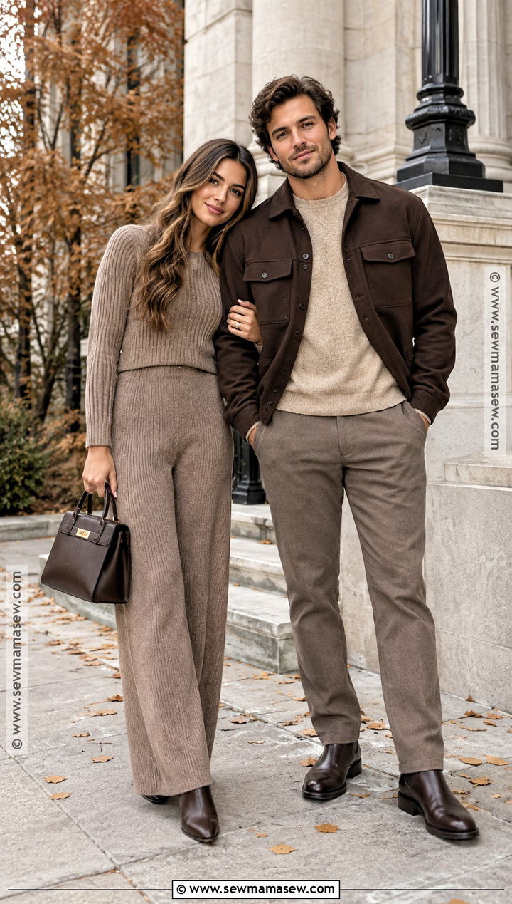 Taupe Knit Set And Chocolate Overshirt Fall Couples Photoshoot Outfit - 15 couples photoshoot fall outfit ideas