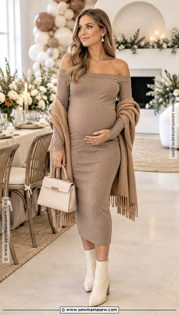 Taupe Off Shoulder Fall Baby Shower Dress - 25 fall baby shower dress ideas