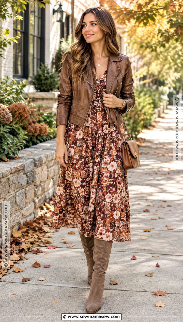Taupe Suede Boots With Floral Midi Dress - 15 Taupe Boots Outfit Fall