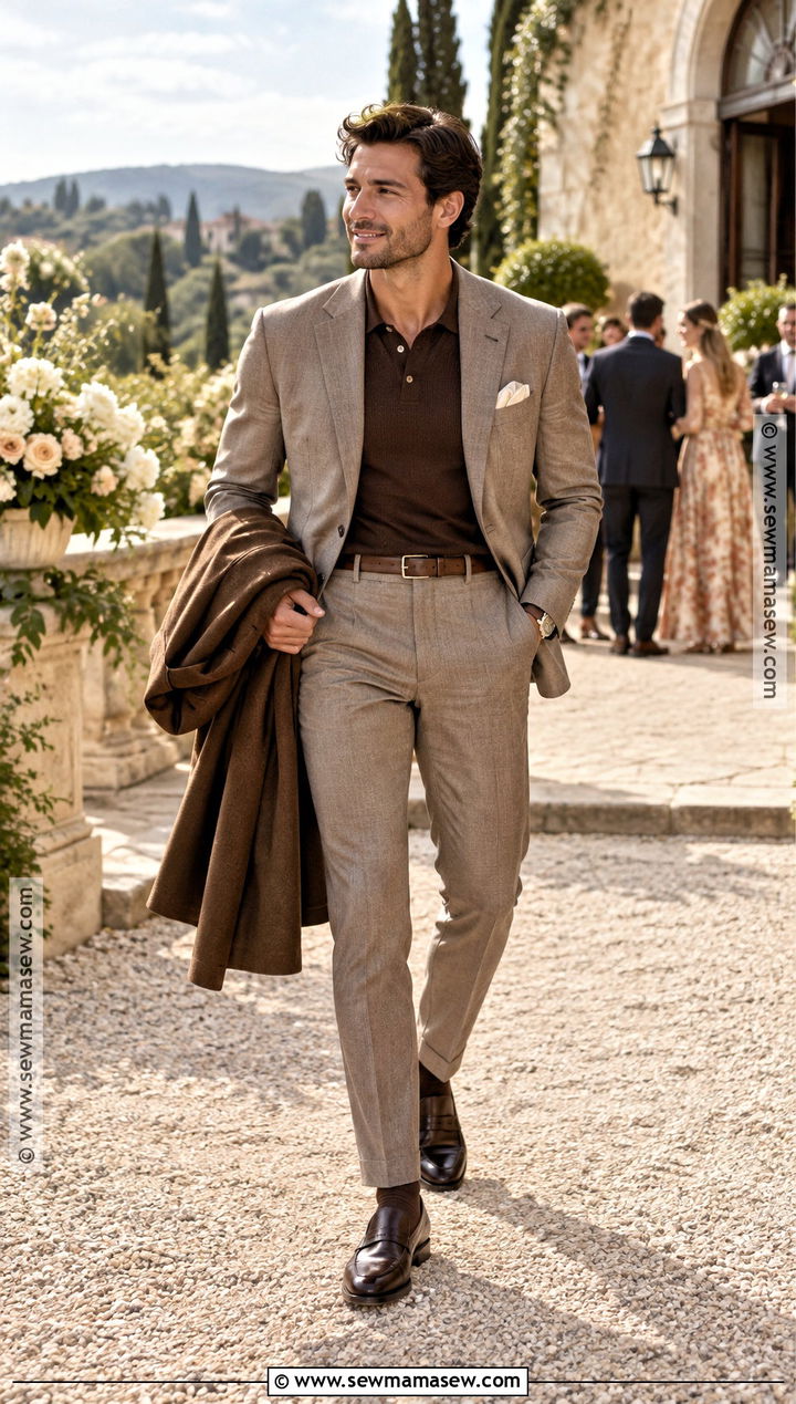 Taupe Suit And Knit Polo Fall Wedding Guest Outfit - 15 male wedding guest outfit fall ideas