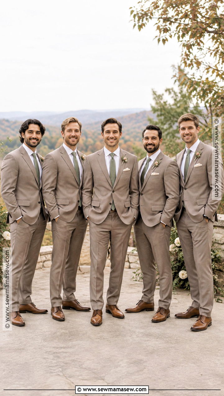 Taupe Suit And Sage Tie Groomsmen Attire - 15 fall color groomsmen attire ideas