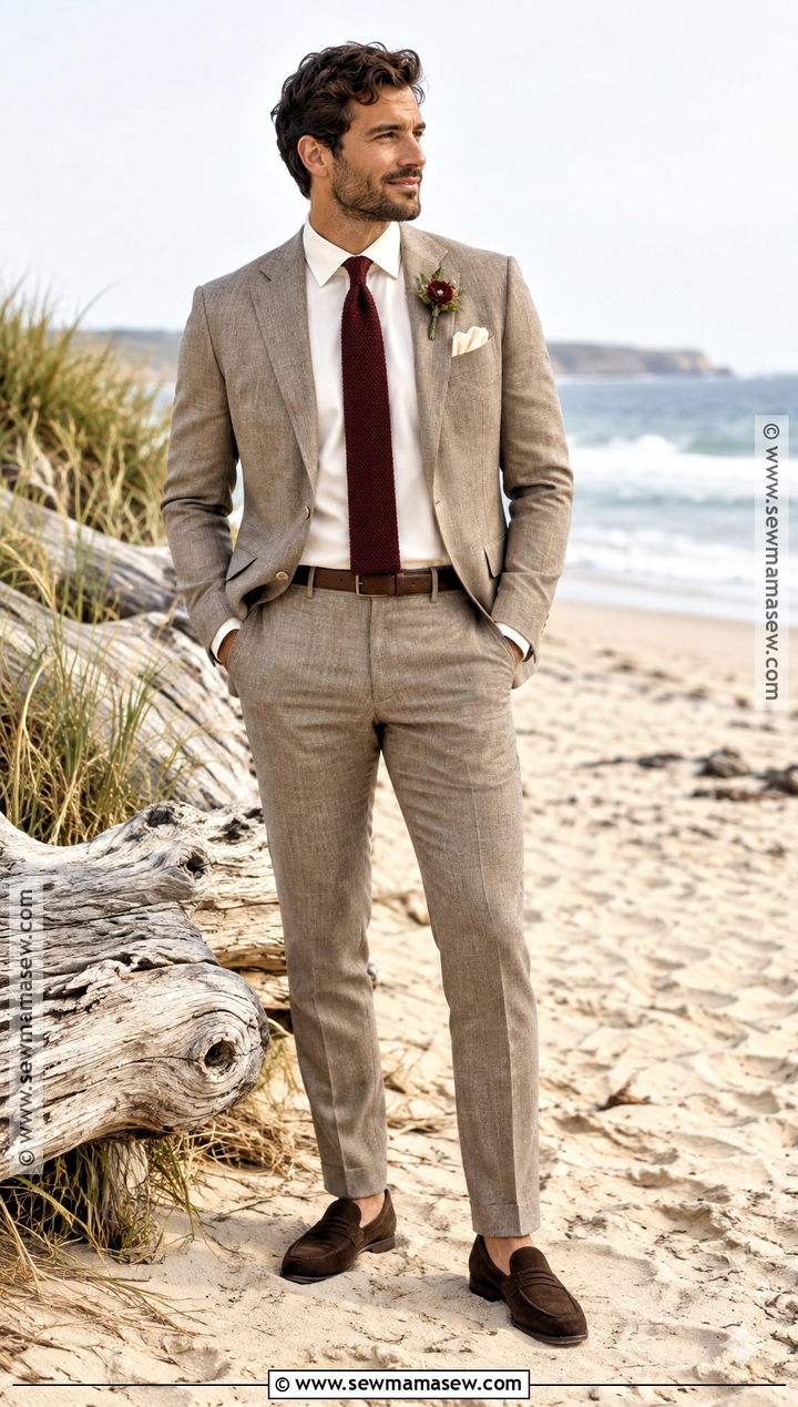 Taupe Suit With A Burgundy Tie For A Beach Wedding - 15 fall beach wedding groom attire ideas
