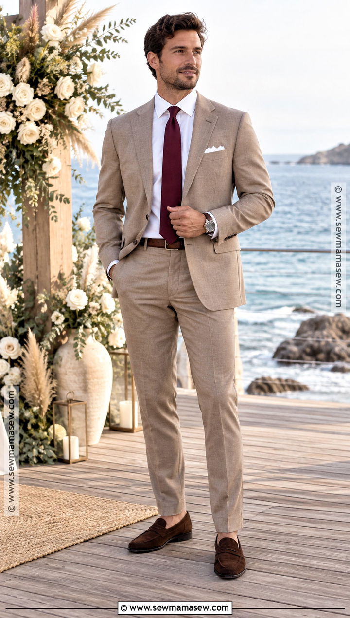 Taupe Suit With A Burgundy Tie For A Fall Beach Wedding - 15 Fall Beach Wedding Mens Attire Ideas