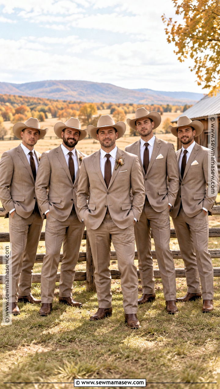 Taupe Suit With Cowboy Hat Groomsmen Attire - 15 country fall wedding groomsmen attire ideas