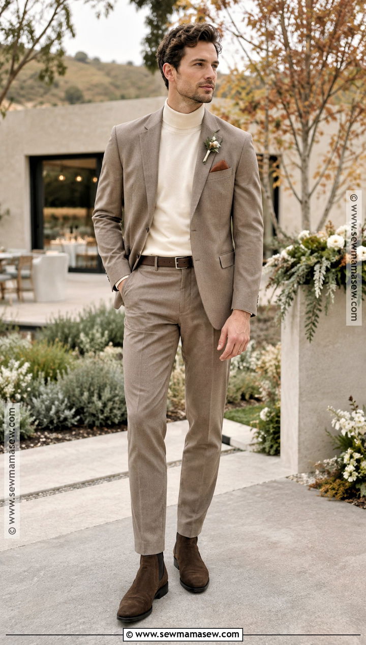 Taupe Suit With Cream Mock Neck - 15 casual fall wedding groom attire ideas