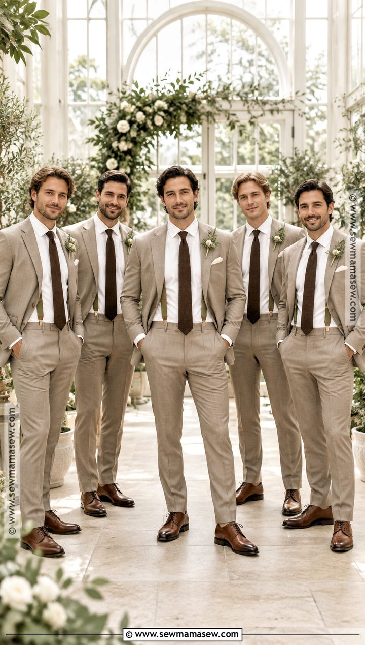Taupe Suit With Sage Suspenders - 15 fall groomsmen attire suspenders ideas