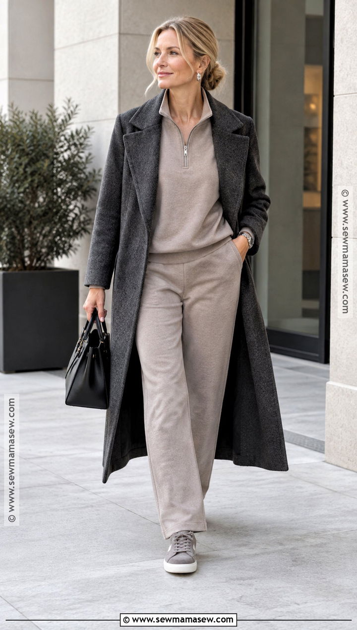 Taupe Sweat Suit With Wool Coat - 15 fall sweat suit outfits