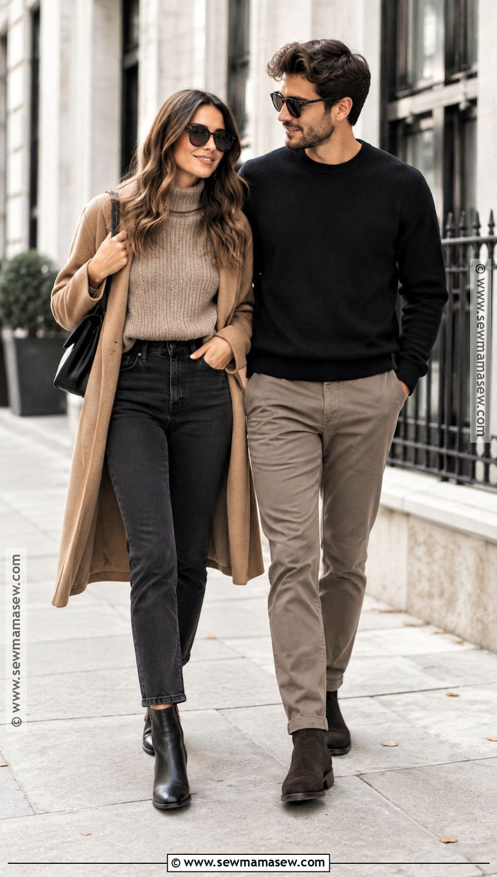 Taupe Sweater And Black Jeans Fall Couple Outfit - 25 fall photo shoot outfits for couples