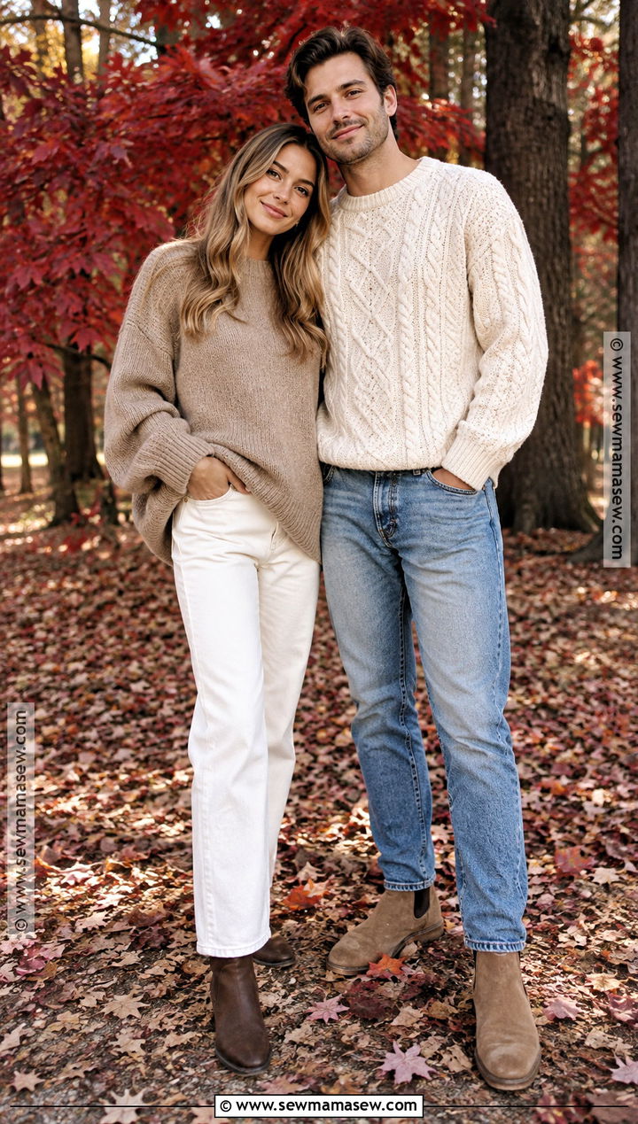Taupe Sweater And White Jeans Fall Couple Outfit - 20 fall couple photoshoot outfits photo ideas outdoor