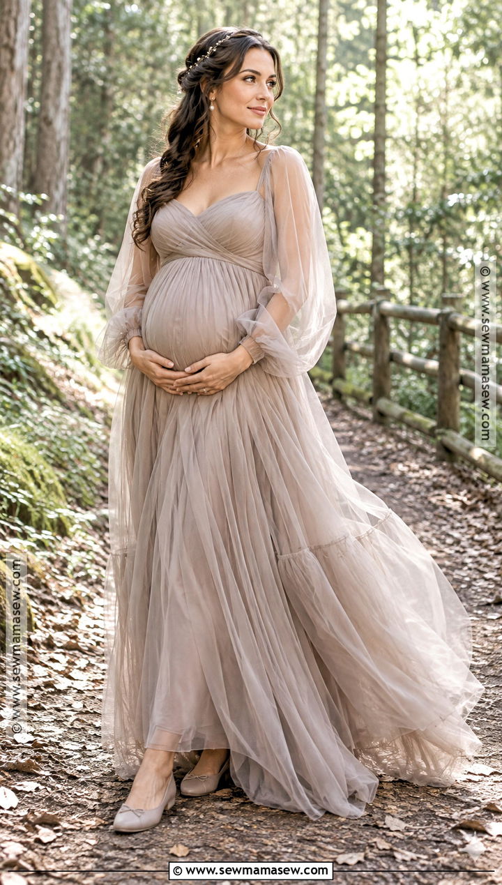Taupe Tulle Maternity Photoshoot Dress - 15 fall maternity dresses for photoshoot