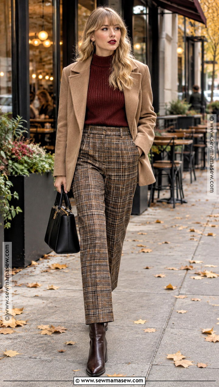 Taylor Swift Burgundy Sweater And Plaid Pants Outfit - 20 Taylor Swift Autumn Outfits