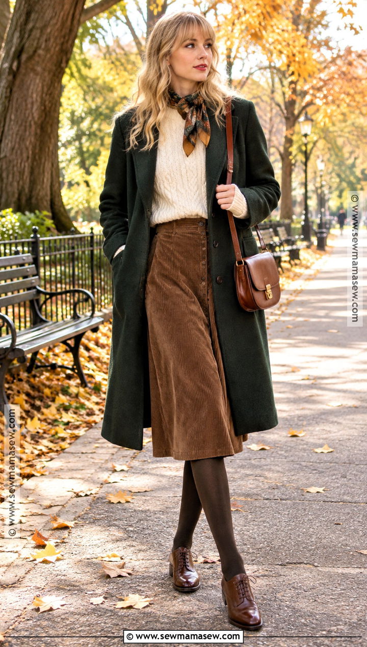 Taylor Swift Cable Knit Sweater And Corduroy Skirt Outfit - 20 Taylor Swift Autumn Outfits
