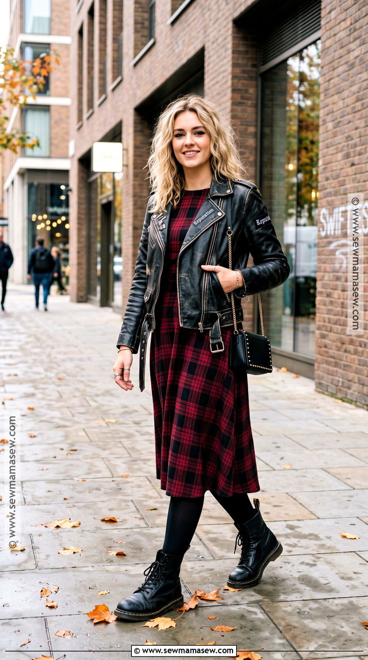 Taylor Swift Leather Jacket And Plaid Dress Outfit - 20 Taylor Swift Autumn Outfits