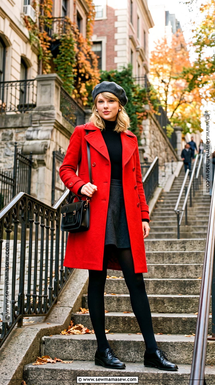 Taylor Swift Red Coat And Oxford Shoes Outfit - 20 Taylor Swift Autumn Outfits