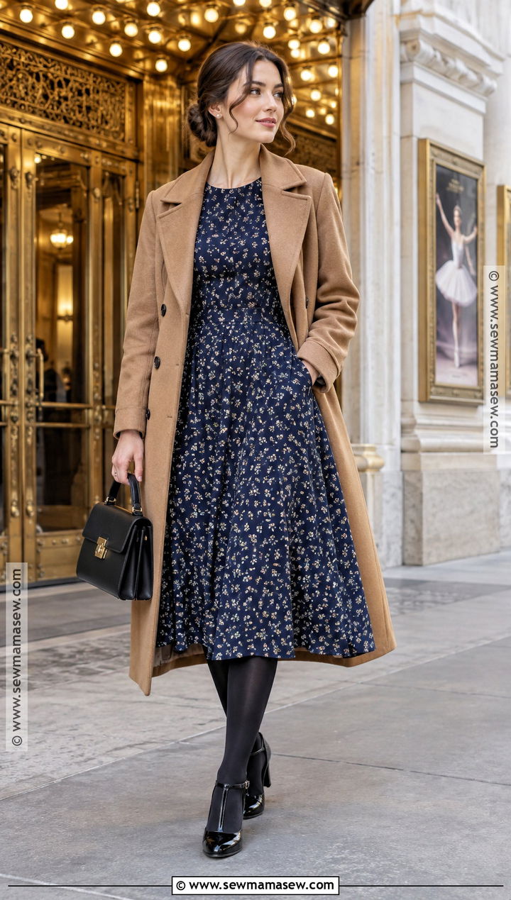 Tea Dress With Wool Coat - 25 autumn dress outfit ideas
