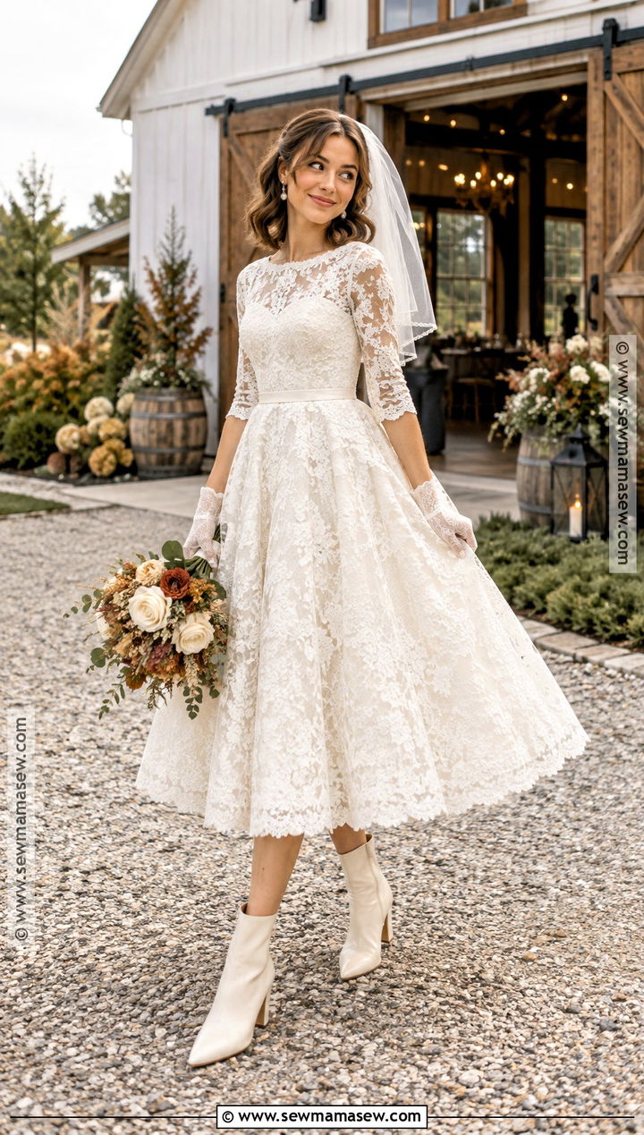 Tea Length Fall Wedding Dress With Boots - 15 Fall Wedding Dress Bride Ideas