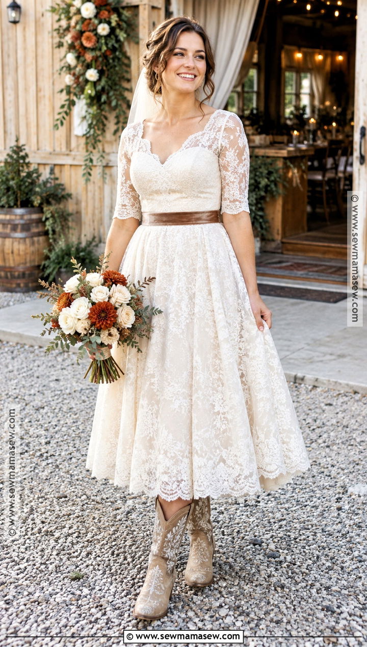 Tea Length Lace Wedding Dress With Boots - 15 rustic boho fall wedding dress ideas