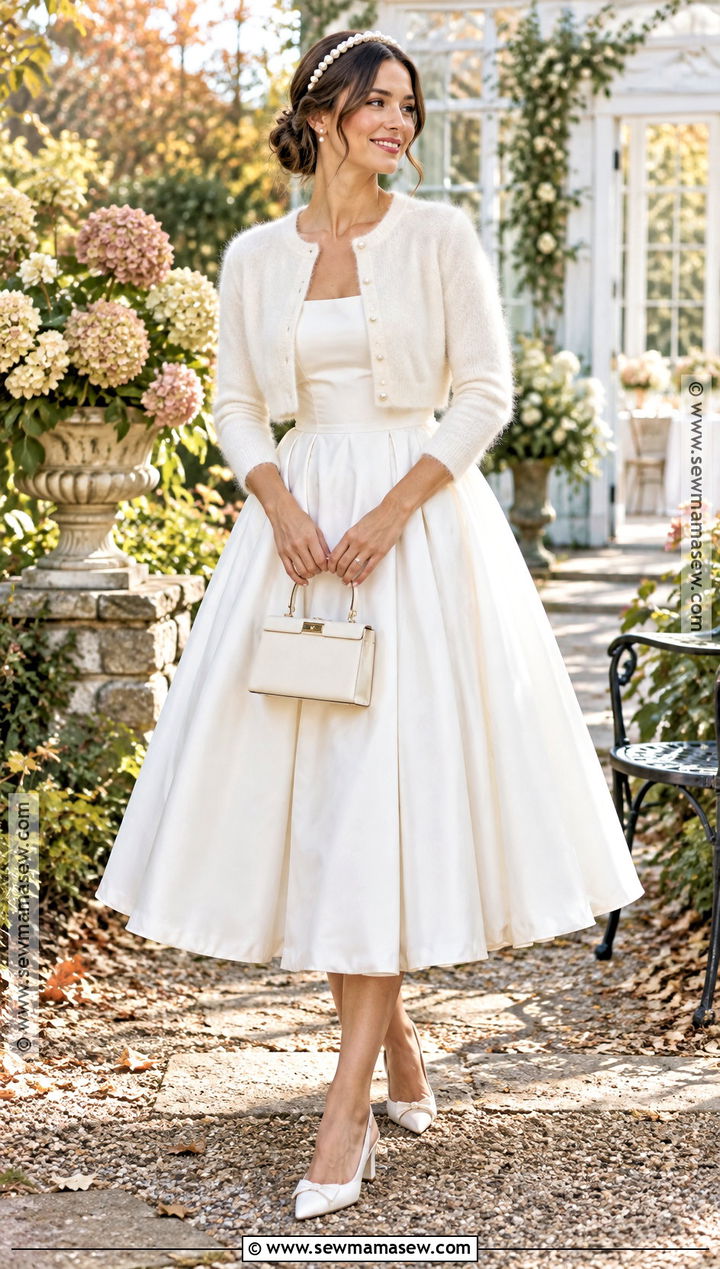 Tea Length Wedding Dress With Cropped Cardigan - 15 Fall Wedding Dress Coverup Ideas