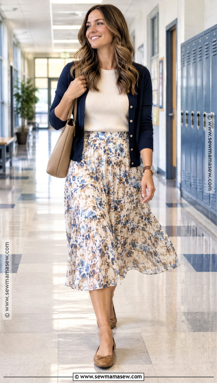 Teacher Outfit With A Floral Skirt And Knit Top - 20 Teacher Back To School Outfits
