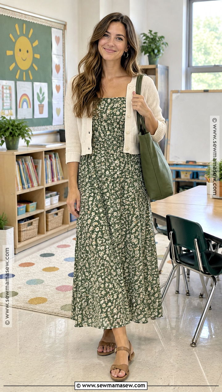 Teacher Outfit With A Maxi Dress And Cardigan - 20 Teacher Back To School Outfits