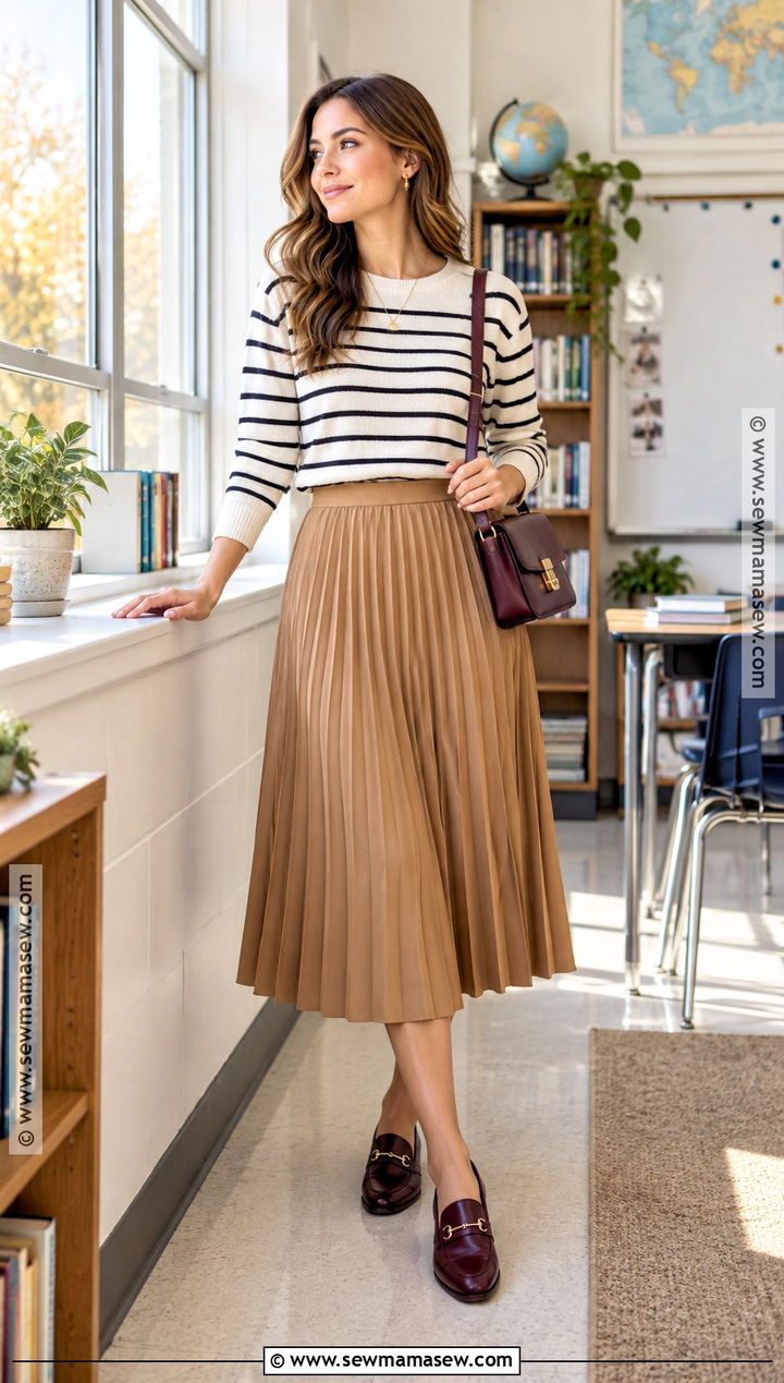 Teacher Outfit With A Pleated Skirt And Sweater - 20 Teacher Back To School Outfits