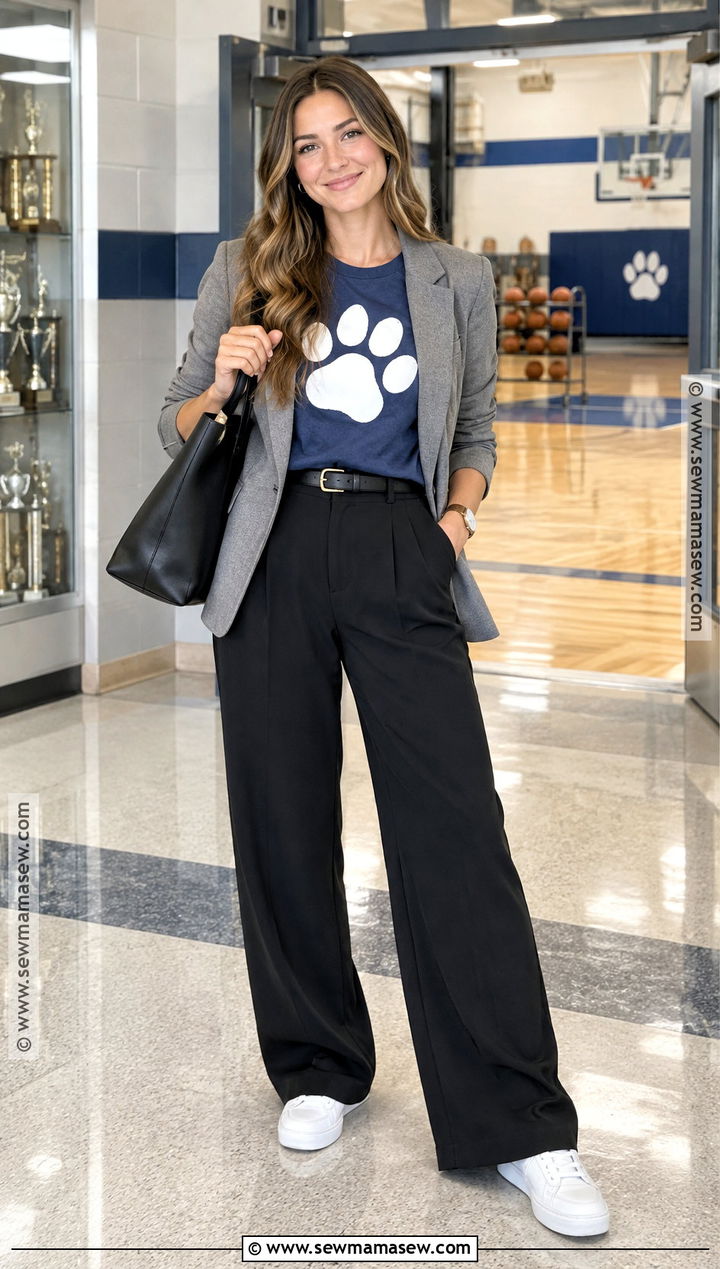 Teacher Outfit With A School T Shirt And Dress Pants - 20 Teacher Back To School Outfits