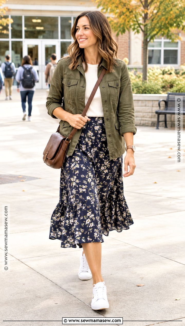 Teacher Outfit With A Utility Jacket And Midi Skirt - 20 Teacher Back To School Outfits
