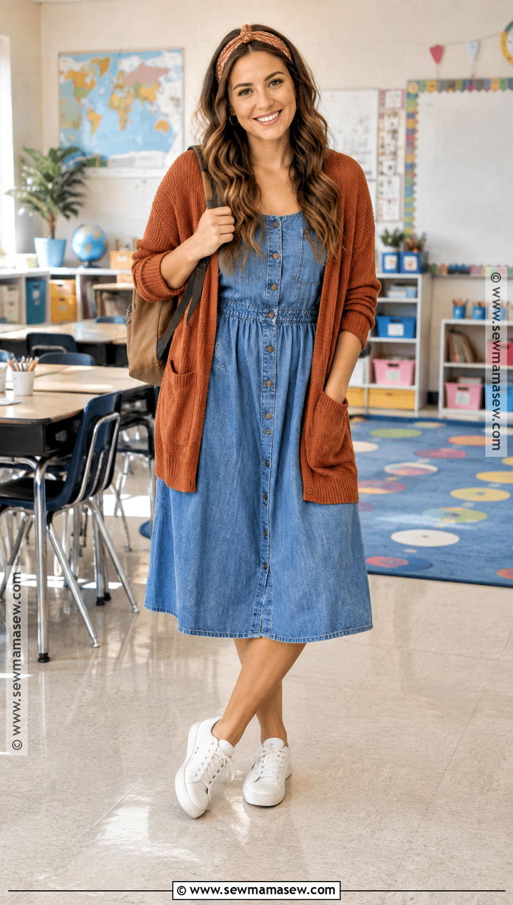 Teacher Outfit With Denim Dress And Sneakers - 15 teachers back to school outfits