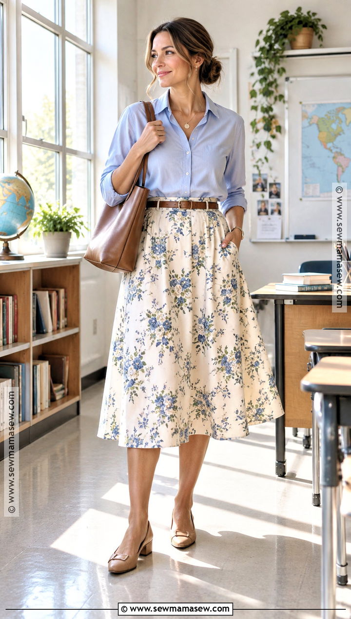 Teacher Outfit With Midi Skirt And Button Down Shirt - 15 teachers back to school outfits