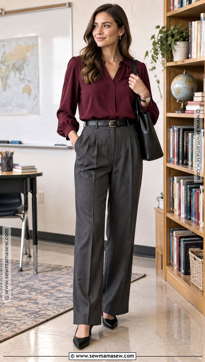 Teacher Outfit With Pleated Pants And Blouse - 15 teachers back to school outfits