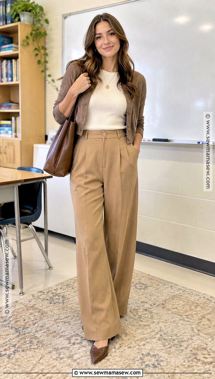 Teacher Outfit With Wide Leg Pants And Knit Top - 15 teachers back to school outfits