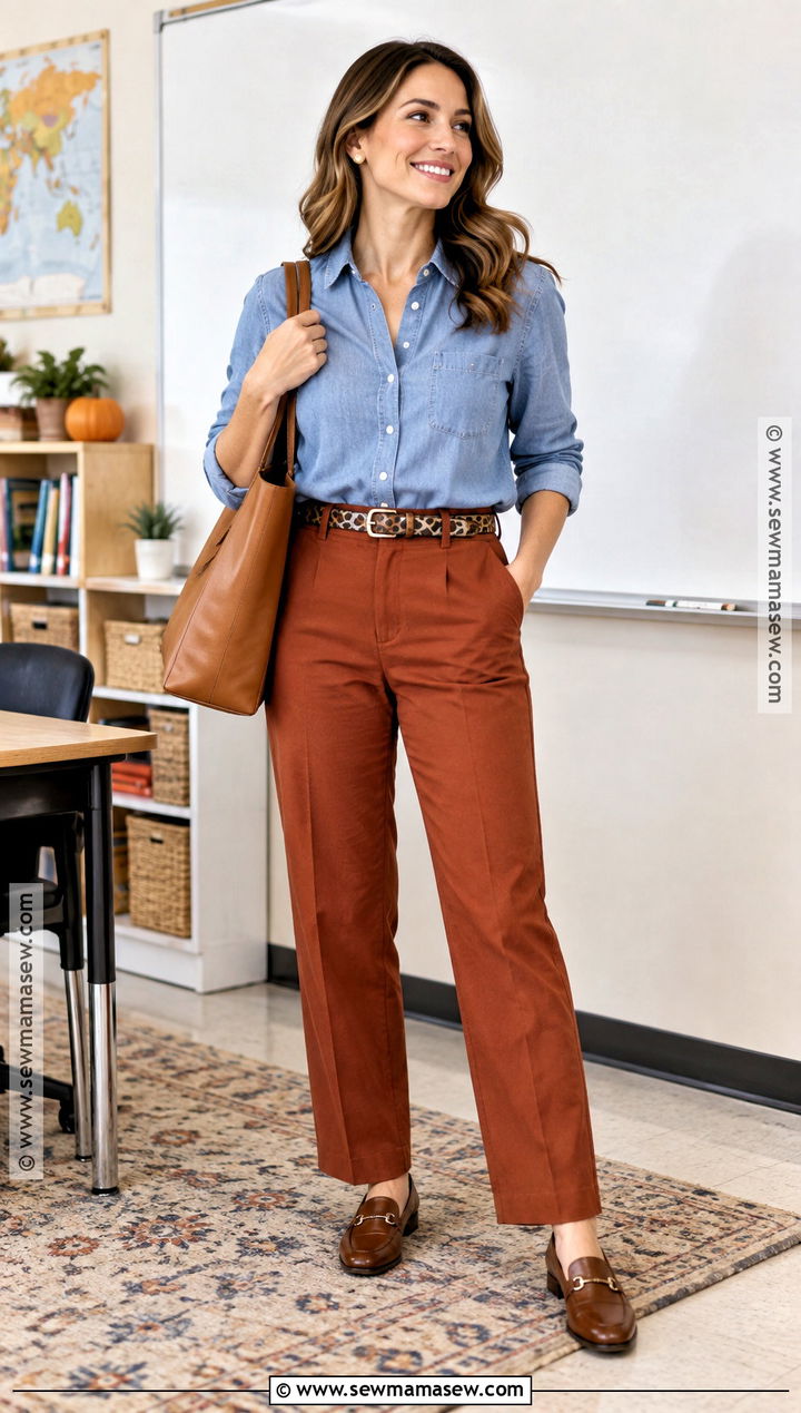 Teacher Thanksgiving Chambray Shirt With Rust Pants - 20 teacher thanksgiving outfits