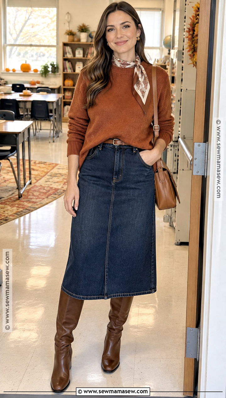 Teacher Thanksgiving Denim Skirt With Knit Sweater - 20 teacher thanksgiving outfits