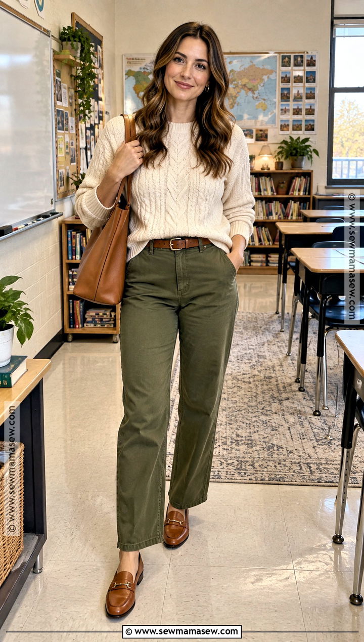 Teacher Thanksgiving Olive Pants With Cream Sweater - 20 teacher thanksgiving outfits