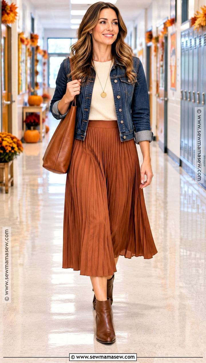 Teacher Thanksgiving Pleated Skirt With Denim Jacket - 20 teacher thanksgiving outfits
