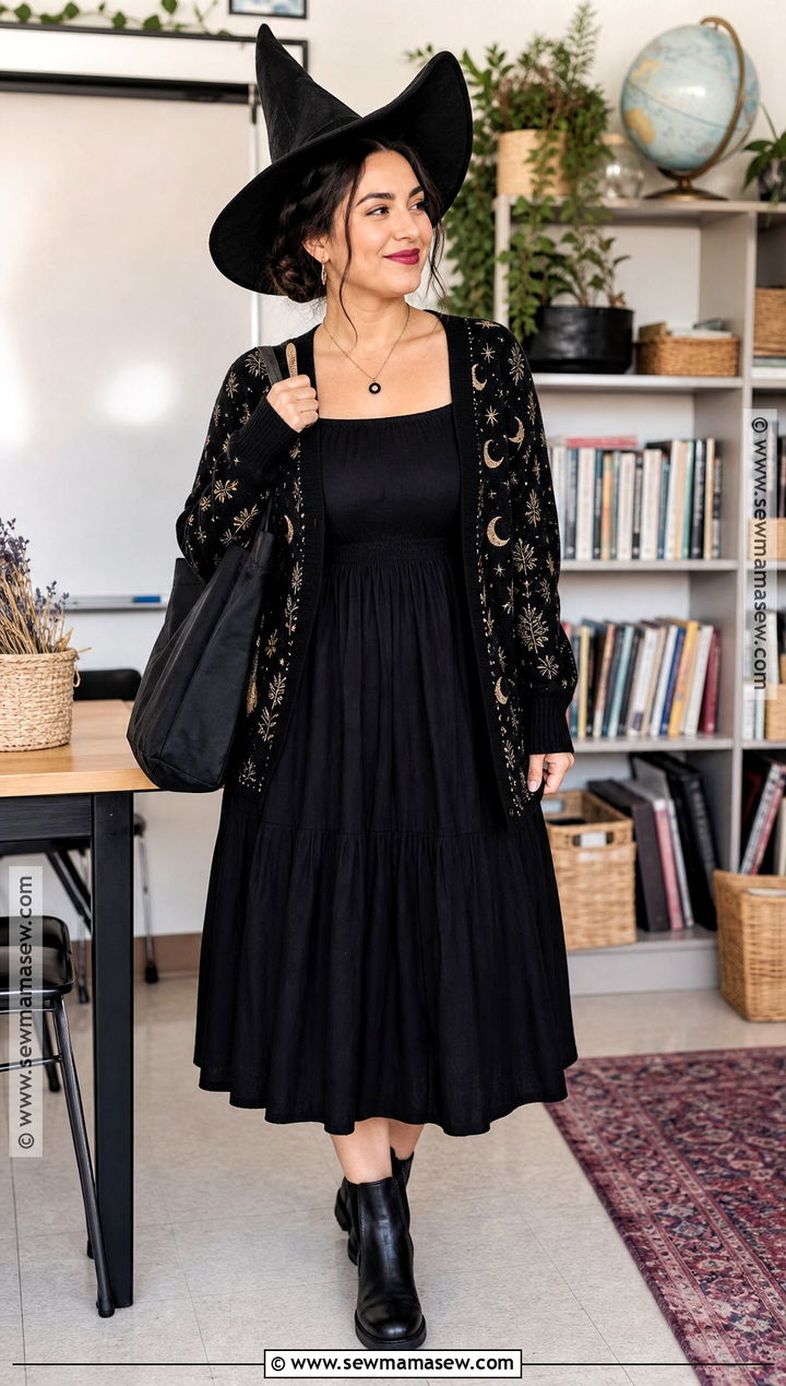 Teacher Witch Outfit With Printed Cardigan - 35 witches outfit ideas