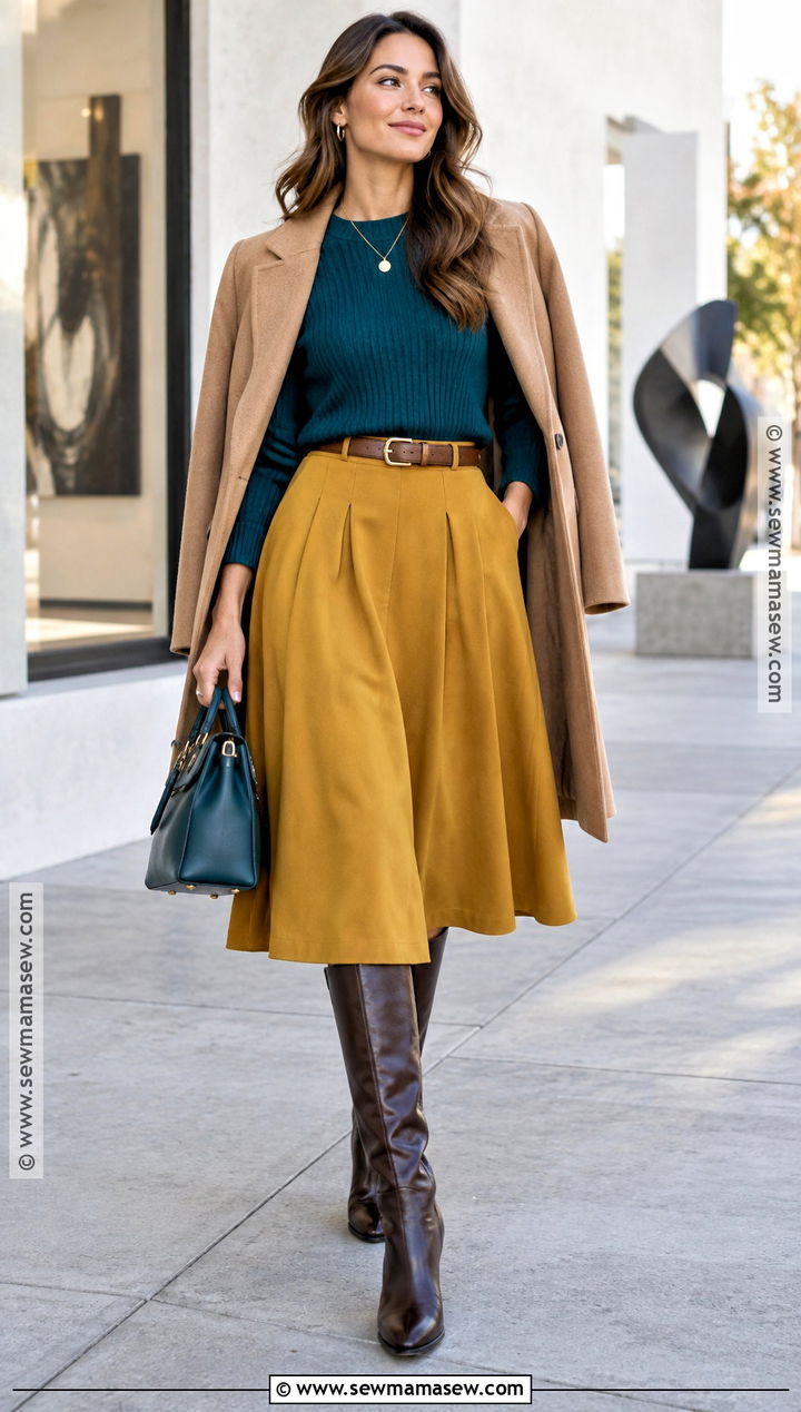 Teal And Mustard Autumn Skirt Outfit - 20 autumn outfits color palettes