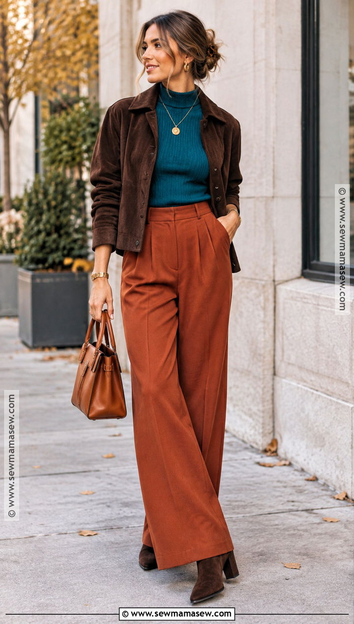 Teal And Rust Wide Leg Pants Outfit - 15 Autumn Fashion Color Inspiration Ideas