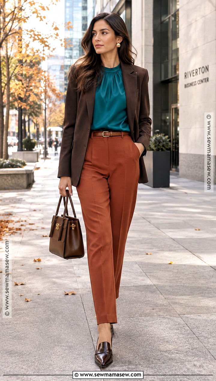 Teal Blouse And Rust Trousers Fall Outfit - 15 colorful fall fashion ensemble ideas