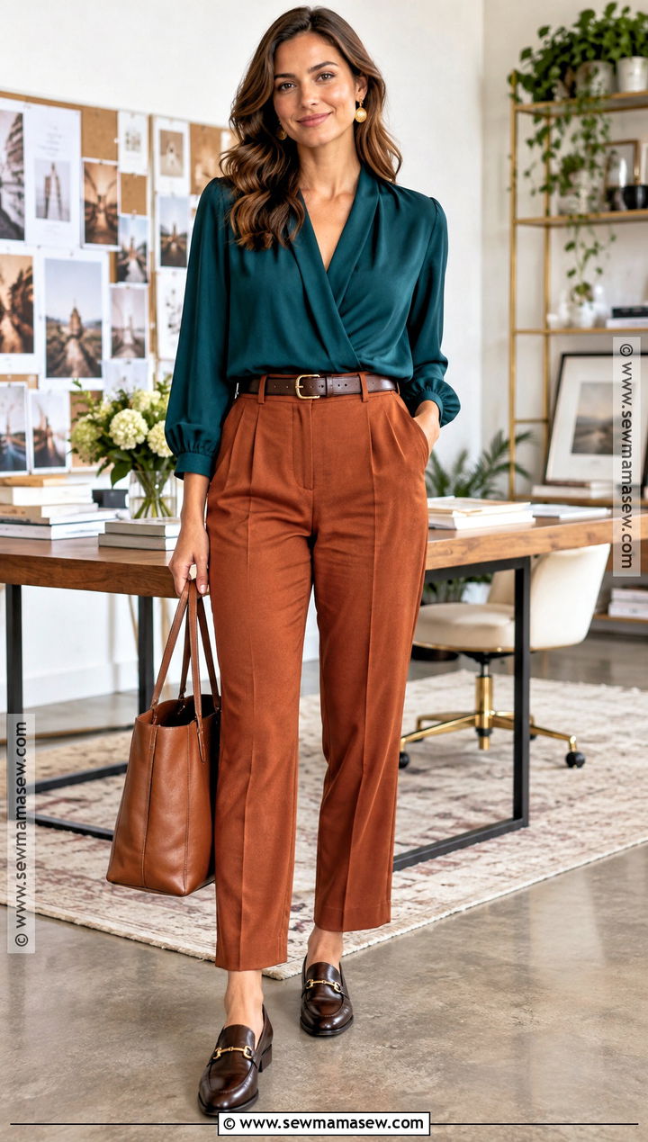 Teal Blouse With Rust Trousers - 20 autumn colour palette clothes