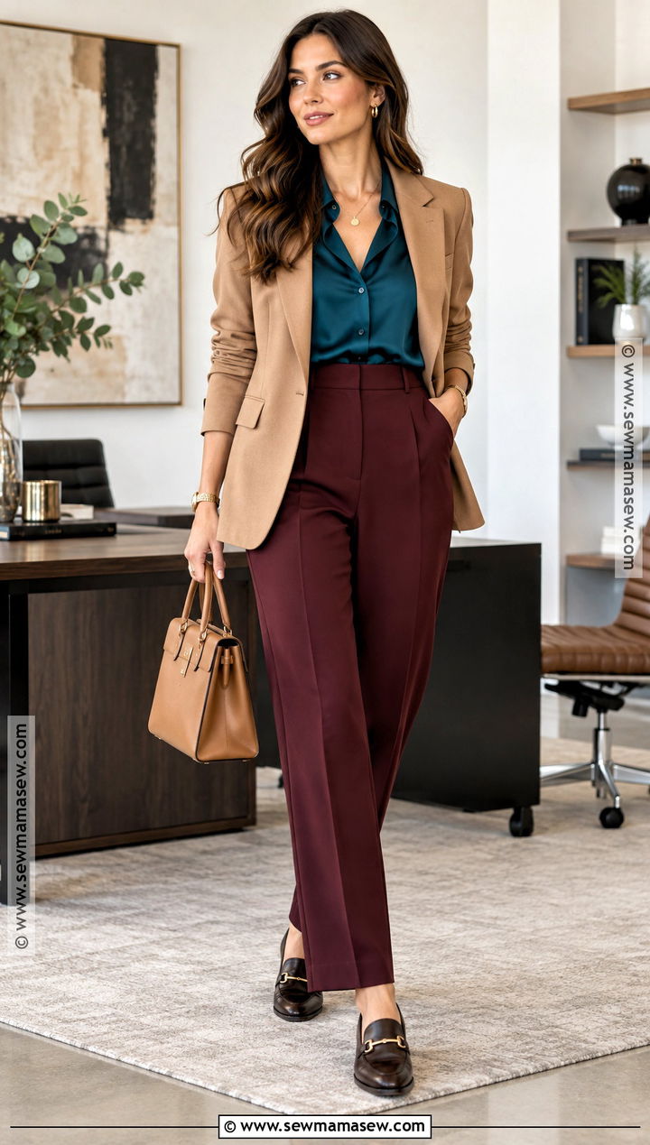 Teal Blouse and Burgundy Pants Fall Outfit - 15 colorful fall fashion outfits